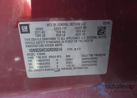 2016 Chevrolet Suburban Ls z USA, uszkodzony, nr VIN 1GNSCGKC3GR285516